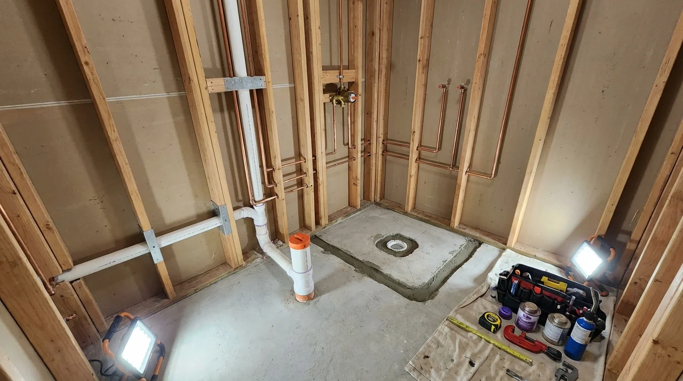Bathroom rough-in plumbing during remodel by Johns Plumbing LLC in Le Claire