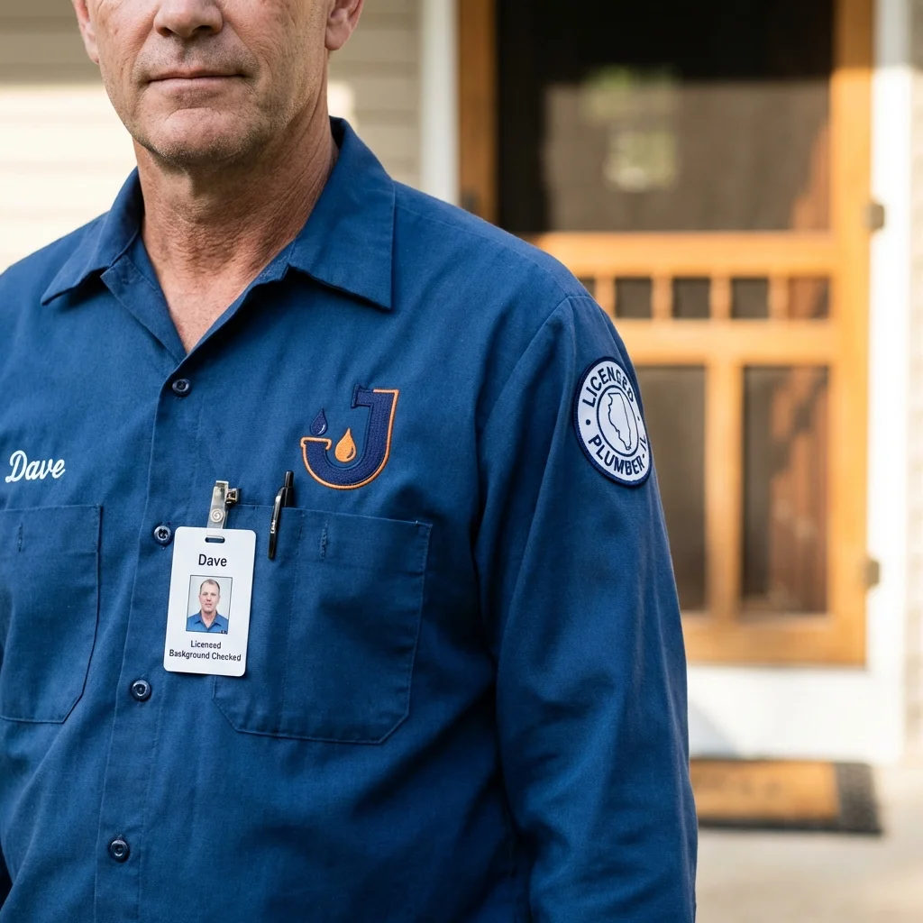 Licensed plumber showing ID badge in Le Claire, IA