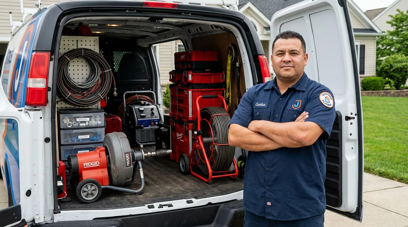 Professional drain cleaning equipment and Johns Plumbing LLC plumber in Le Claire