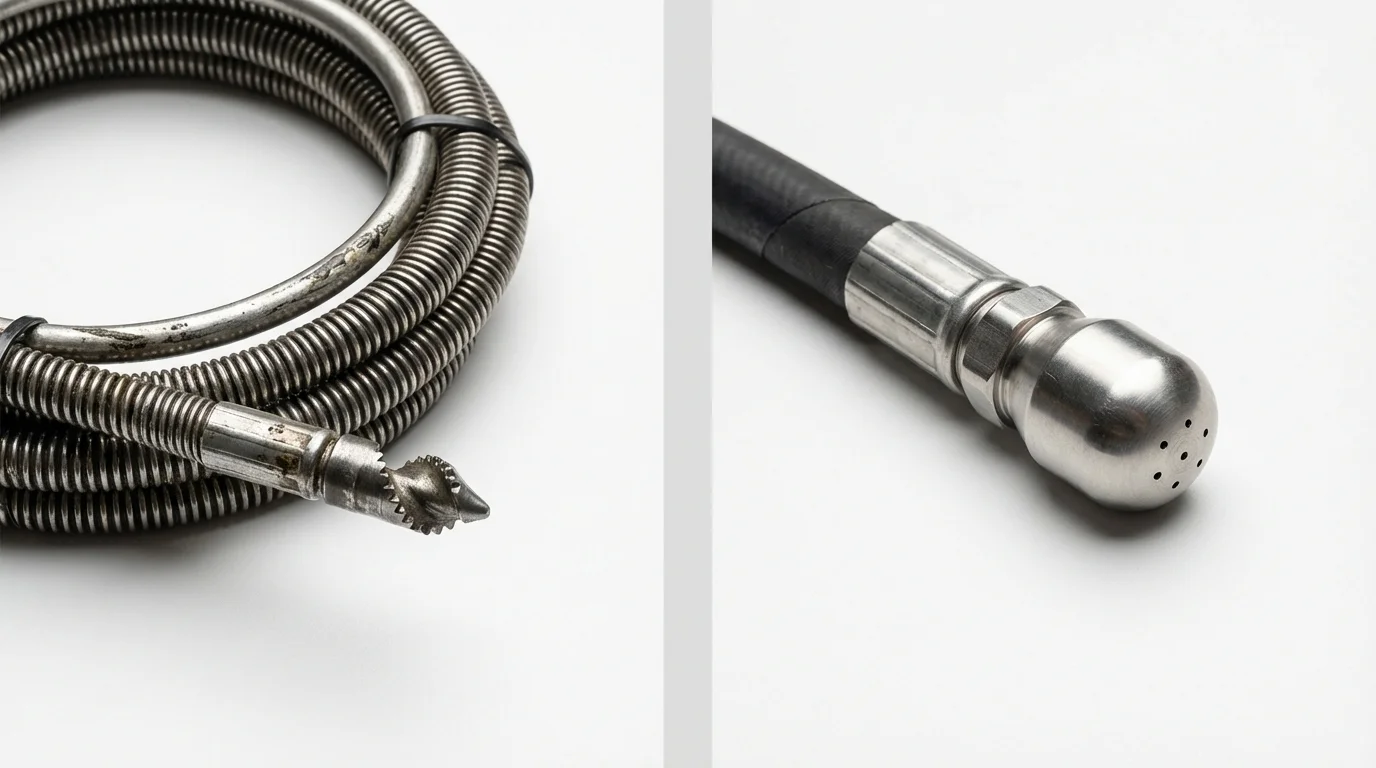 Drain snake cable and hydro jetting nozzle used for drain cleaning in Le Claire, IA