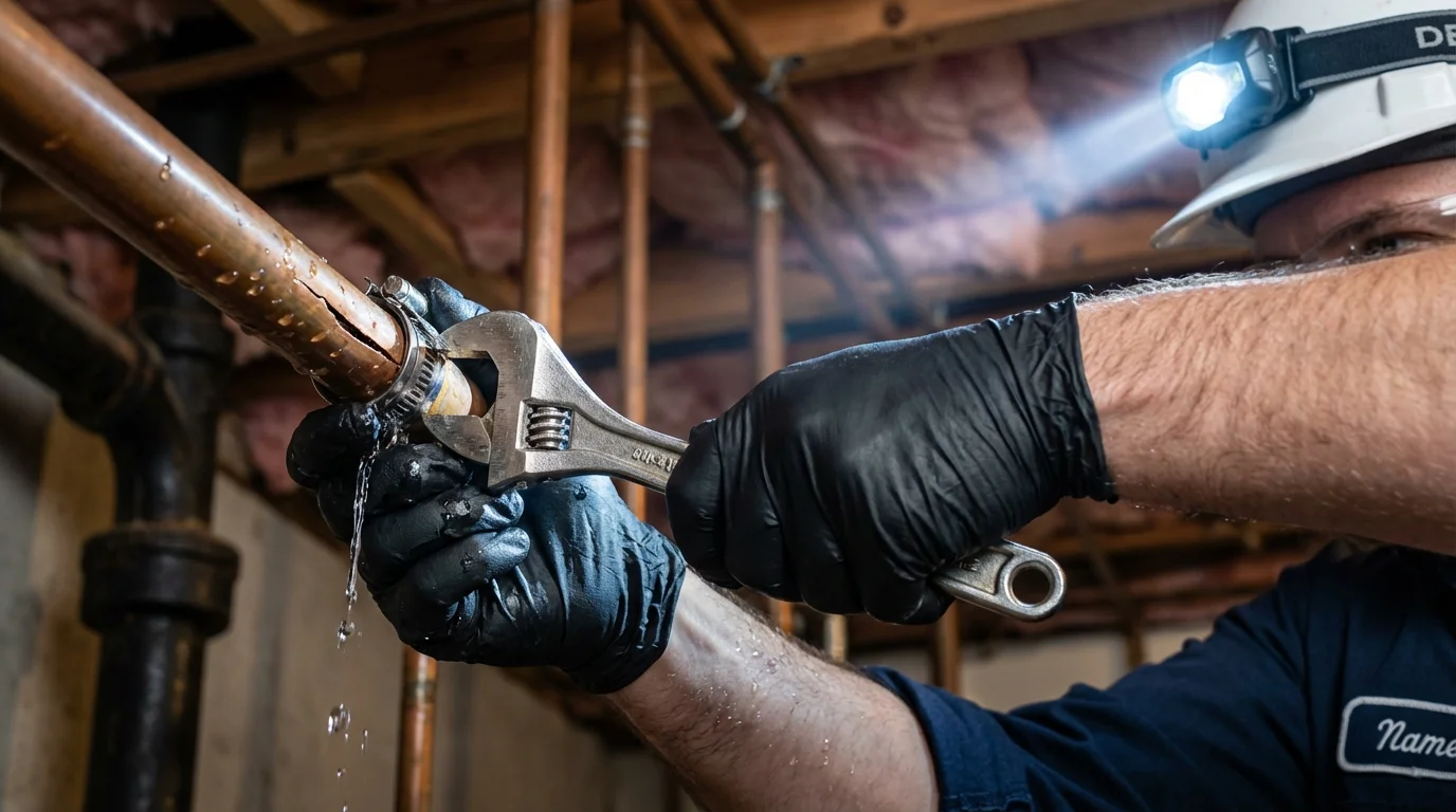 Emergency pipe clamp repair being performed by a Johns Plumbing LLC plumber in Le Claire