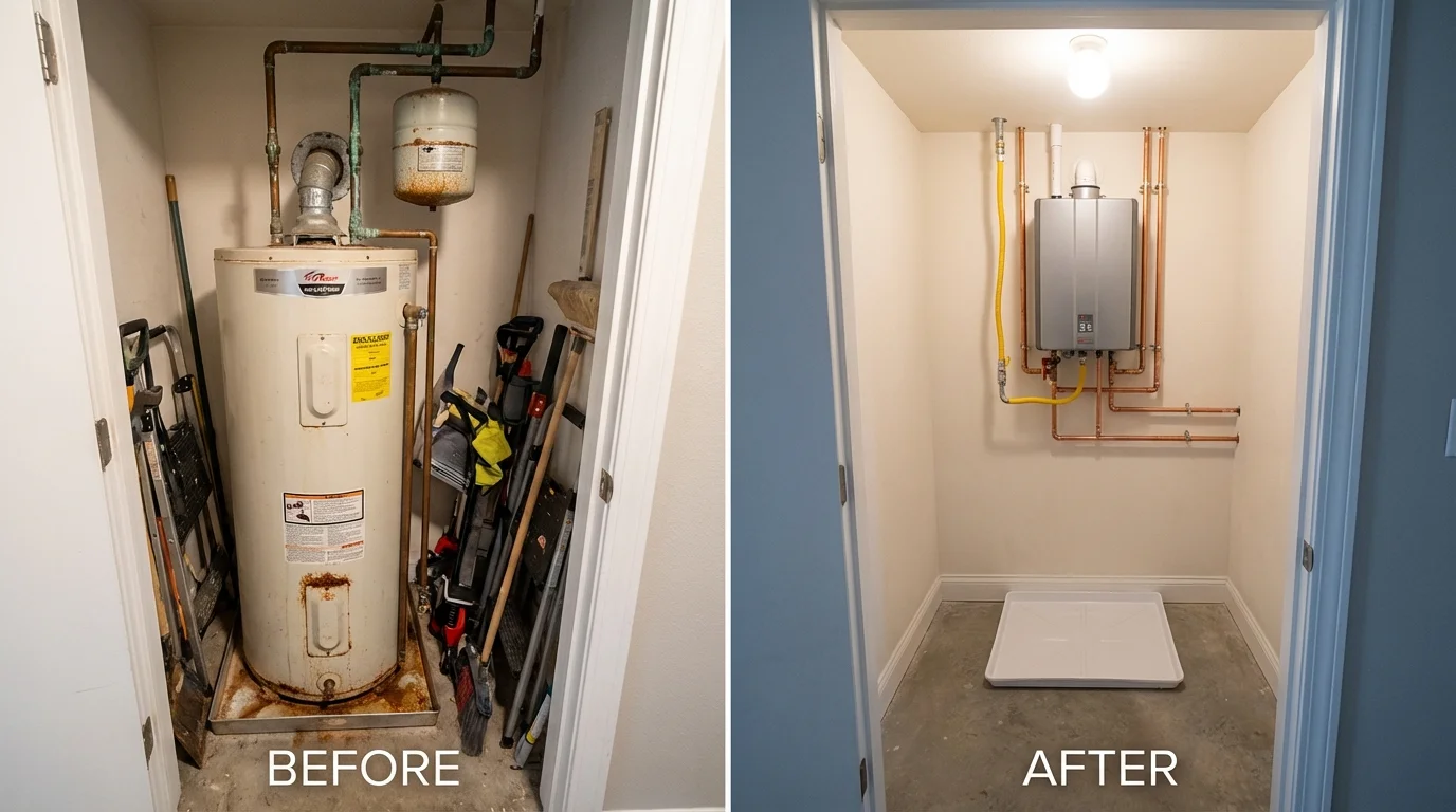 Tank water heater versus wall-mounted tankless unit comparison for Le Claire, IA homeowners
