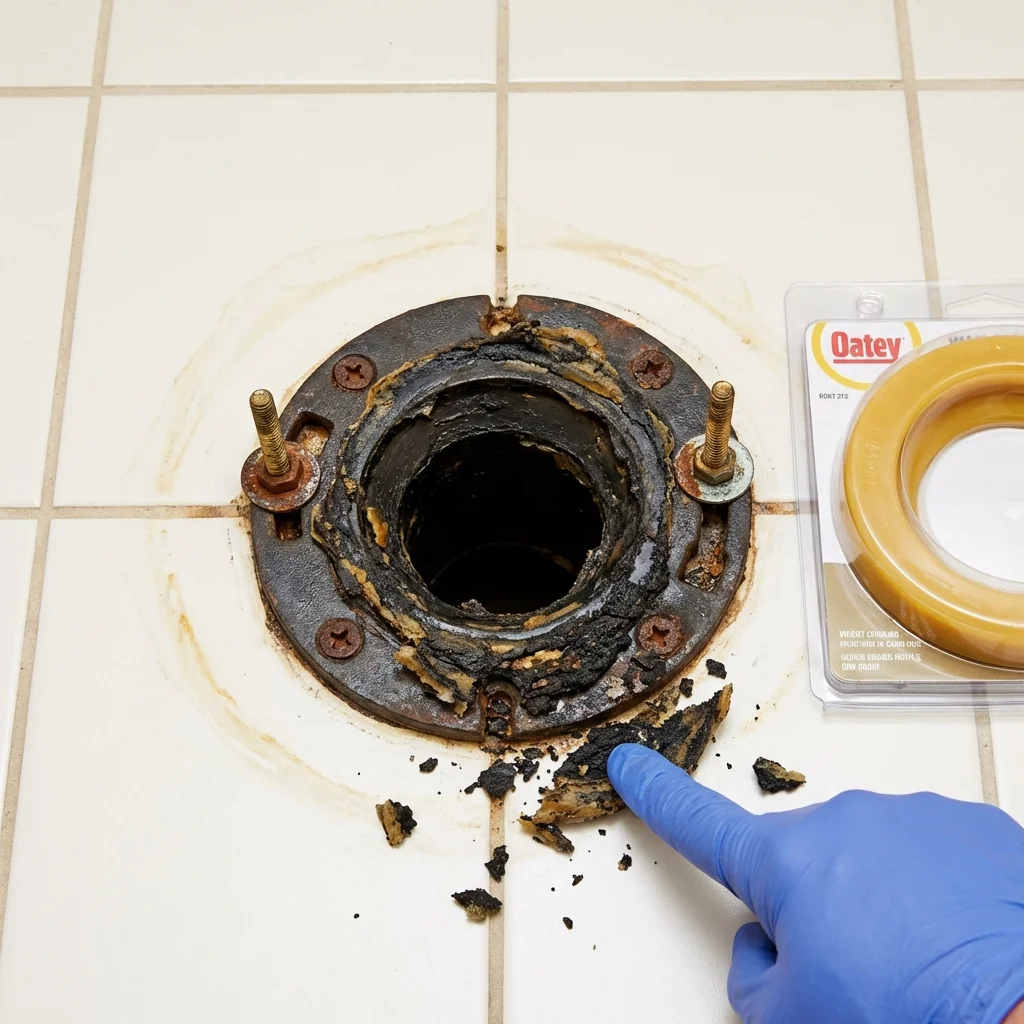 Failed wax ring showing water seepage at the base of a toilet in a Le Claire, IA home