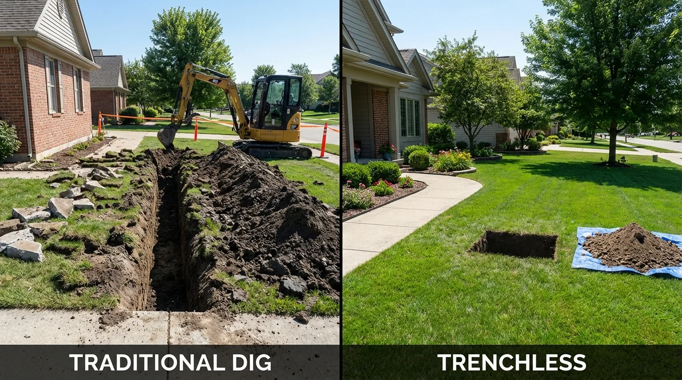 Trenchless sewer repair with minimal yard damage versus traditional excavation in Le Claire, IA