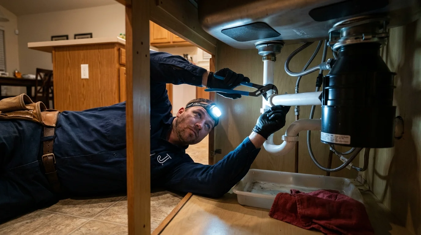 P-trap and supply line connections under a kitchen sink showing a common leak point in Le Claire, IA